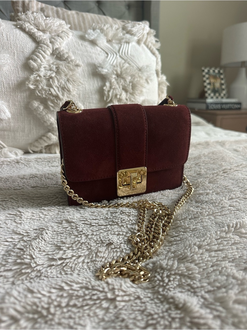 Suede Burgundy Chain Crossbody Bag with Gold Hardware